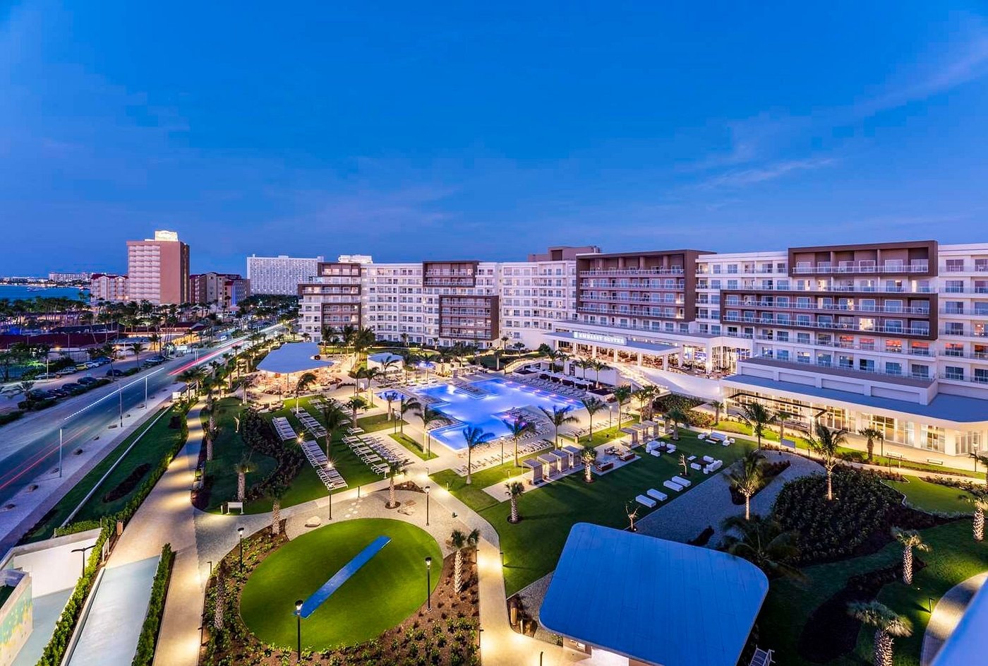 Aerial view of Embassy Suites Aruba Resort and pool grounds